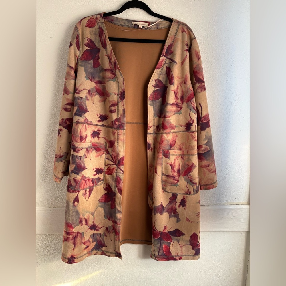Anthropologie Solitaire Floral Open Front Faux Suede Cardigan Duster Size L